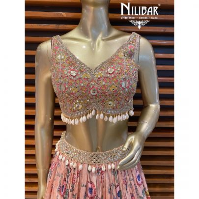 Salmon Pink silk Printed Lehenga