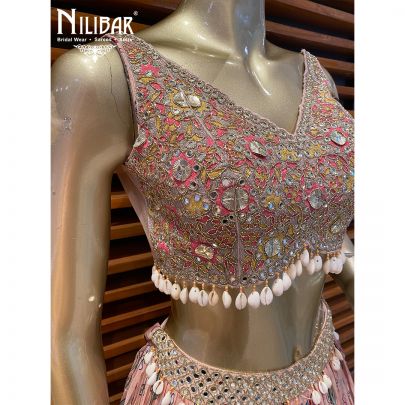 Salmon Pink silk Printed Lehenga
