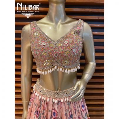 Salmon Pink silk Printed Lehenga