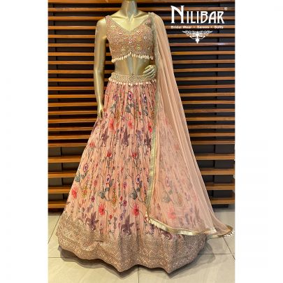 Salmon Pink silk Printed Lehenga