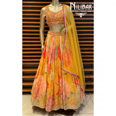 Honey Yellow silk Printed Lehenga