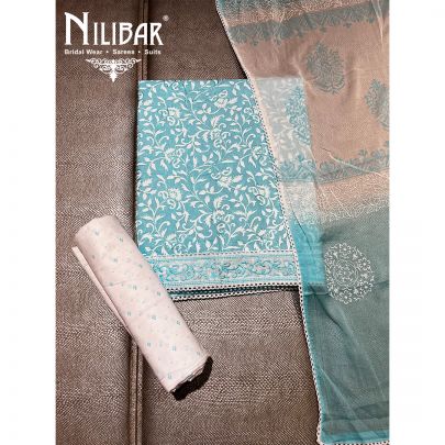 White and Turquoise Cotton Unstitched's Suit 