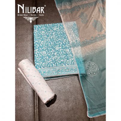 White and Turquoise Cotton Unstitched's Suit 