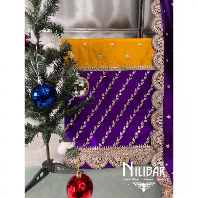 Yellow with Contrast Purple Crepe Unstitched Suit