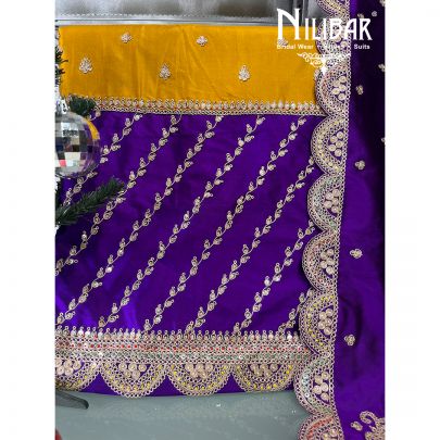 Yellow with Contrast Purple Crepe Unstitched Suit