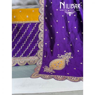 Yellow with Contrast Purple Crepe Unstitched Suit