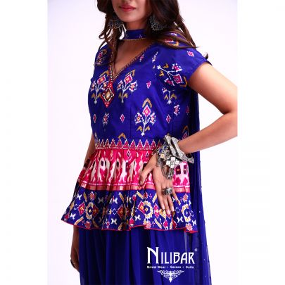 Blue Patola Peplum and Dhoti Suit.