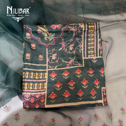 Bottle Green Tussar Silk Shirt Comes With Crepe Bottom & Organza Dupatta