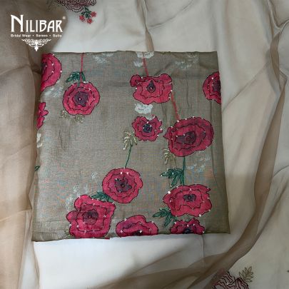 Beige & Red Tussar Silk Shirt Comes With Crepe Bottom & Organza Dupatta