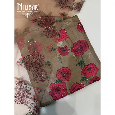 Beige & Red Tussar Silk Shirt Comes With Crepe Bottom & Organza Dupatta