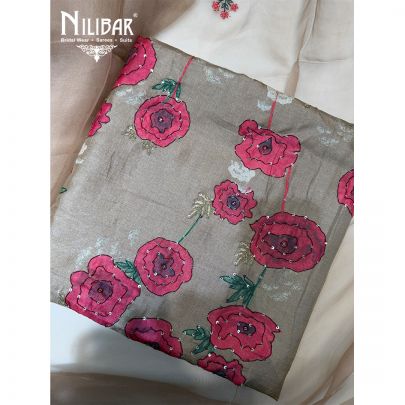 Beige & Red Tussar Silk Shirt Comes With Crepe Bottom & Organza Dupatta