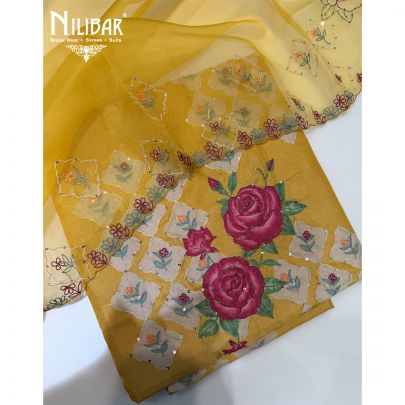 Yellow Tussar Silk Shirt Comes With Crepe Bottom & Organza Dupatta