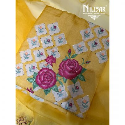 Yellow Tussar Silk Shirt Comes With Crepe Bottom & Organza Dupatta