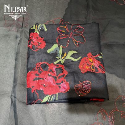 Dark Blue Tussar Silk Shirt Comes With Crepe Bottom & Organza Dupatta