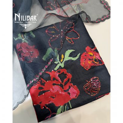 Dark Blue Tussar Silk Shirt Comes With Crepe Bottom & Organza Dupatta