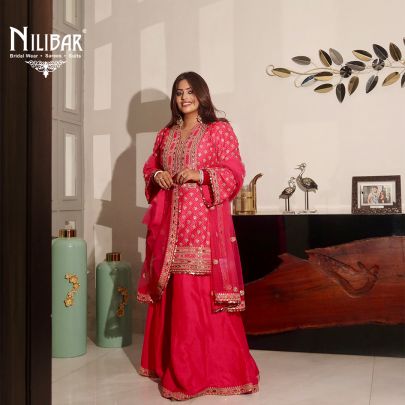Peach Silk Suit Paired With Flowy Bottom & Net Dupatta