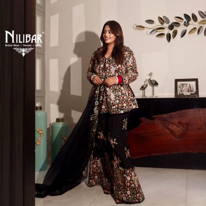Black Raw Silk Palazzo Suit Paired With Organza Dupatta