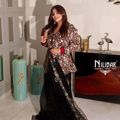Black Raw Silk Palazzo Suit Paired With Organza Dupatta