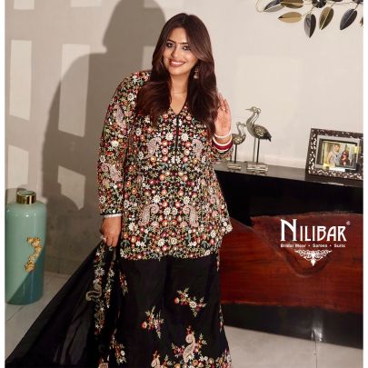 Black Raw Silk Palazzo Suit Paired With Organza Dupatta