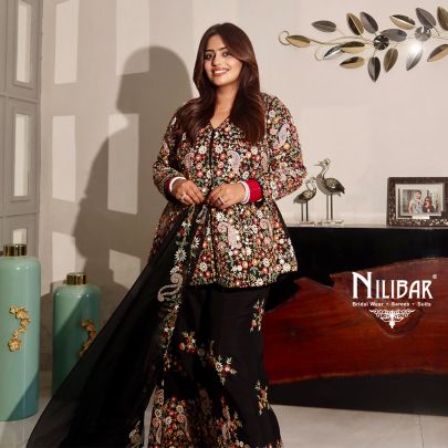 Black Raw Silk Palazzo Suit Paired With Organza Dupatta
