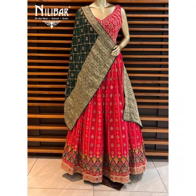 Rani Pink with Contrast Dark Green Printed Lehenga