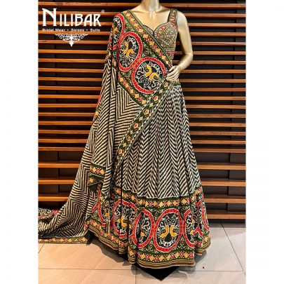 Olive Green Silk printed Lehenga
