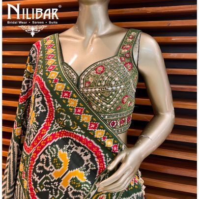 Olive Green Silk printed Lehenga