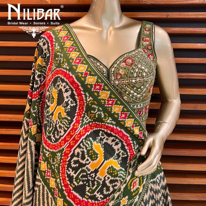 Olive Green Silk printed Lehenga