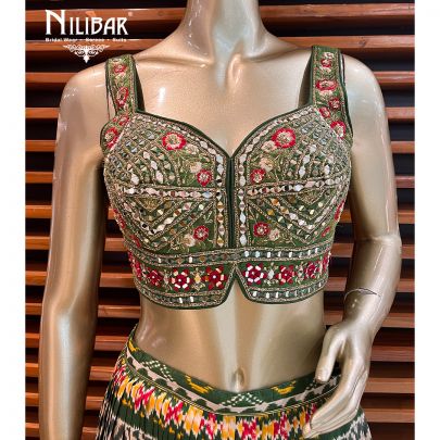 Olive Green Silk printed Lehenga