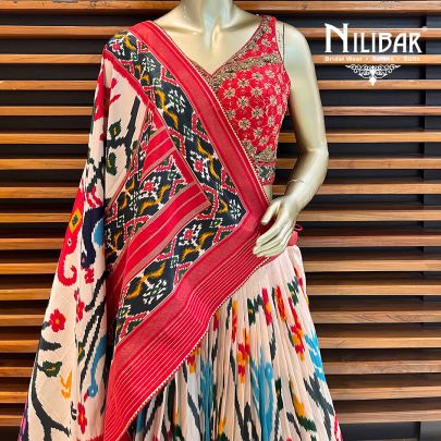 Red Silk Printed Lehenga