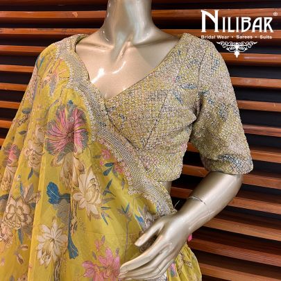 Olive Green Georgette Printed Lehenga