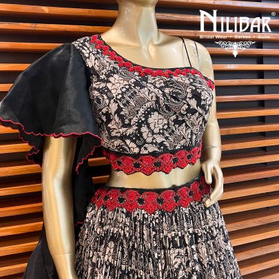 Black and White Chinon Printed Lehenga