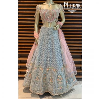 Peach and Sky Net Lehenga