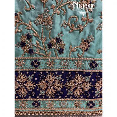 Sea Green and Dark Blue Silk Unstitched Suit