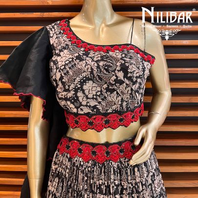 Black and White Chinon Printed Lehenga