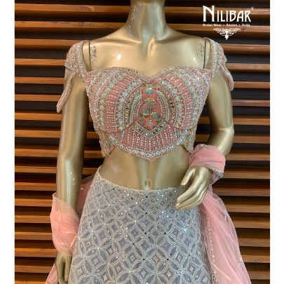 Peach and Sky Net Lehenga