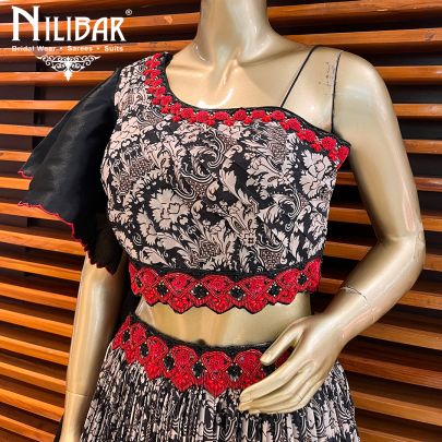 Black and White Chinon Printed Lehenga