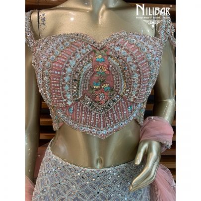 Peach and Sky Net Lehenga