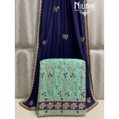 Sea Green and Dark Blue Silk Unstitched Suit