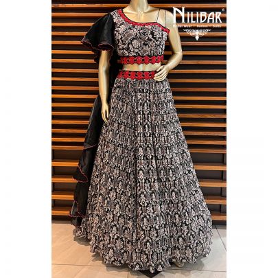 Black and White Chinon Printed Lehenga