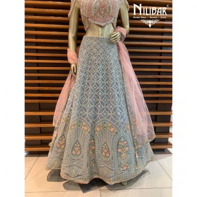 Peach and Sky Net Lehenga