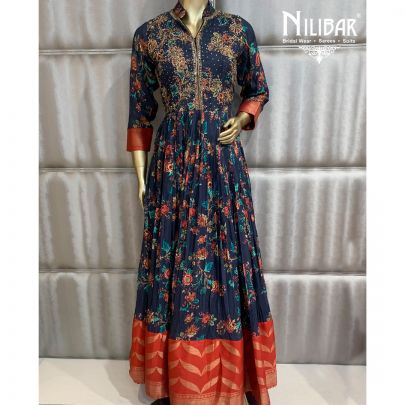 Navy Blue Silk Printed Gown