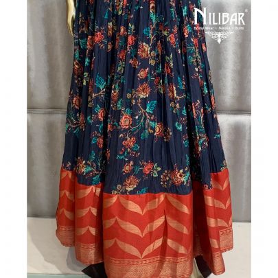 Navy Blue Silk Printed Gown