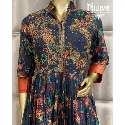 Navy Blue Silk Printed Gown