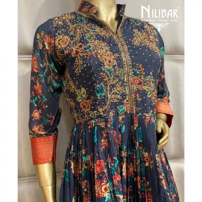 Navy Blue Silk Printed Gown