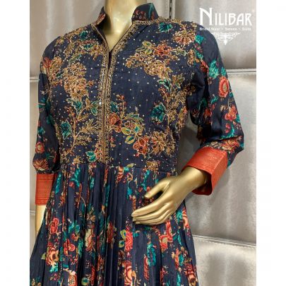 Navy Blue Silk Printed Gown