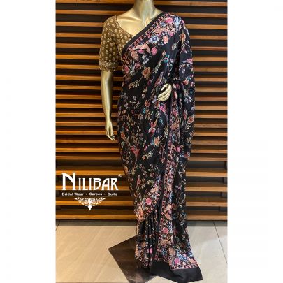 Black Satin Printed Saree