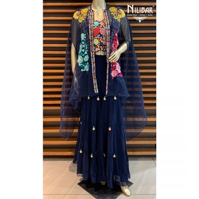 Navy Blue Georgette Jacket Style Sharara Suit