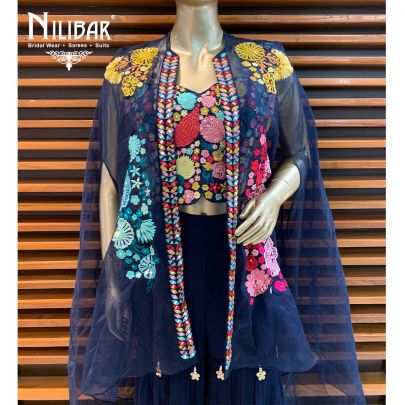 Navy Blue Georgette Jacket Style Sharara Suit