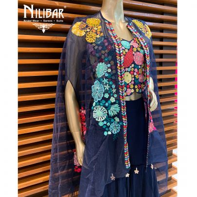 Navy Blue Georgette Jacket Style Sharara Suit